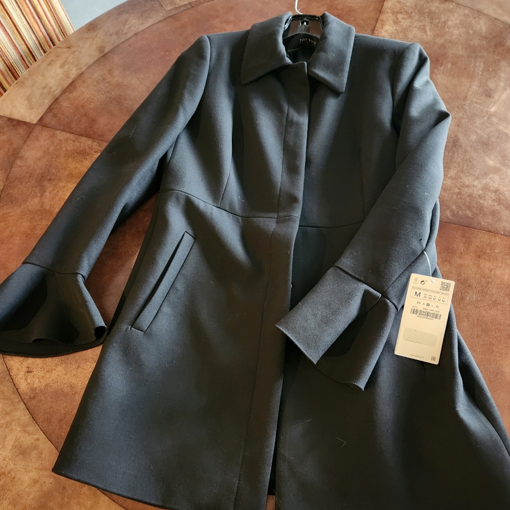 ZARA NEW Classic Black Coat Blazer Ruffle Cuff NWT M
